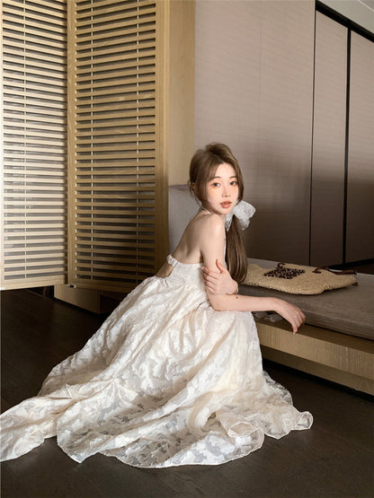 Beach holiday style French A-line halter neck backless long dress ED0420