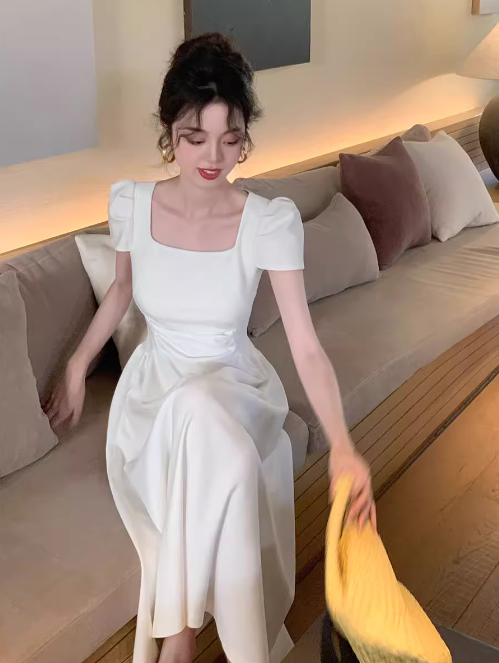 French retro elegant A-line square neck puff sleeve dress ED0421