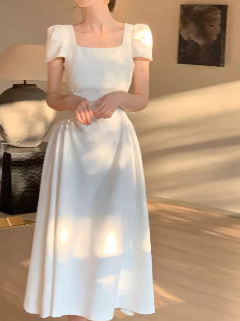 French retro elegant A-line square neck puff sleeve dress ED0421