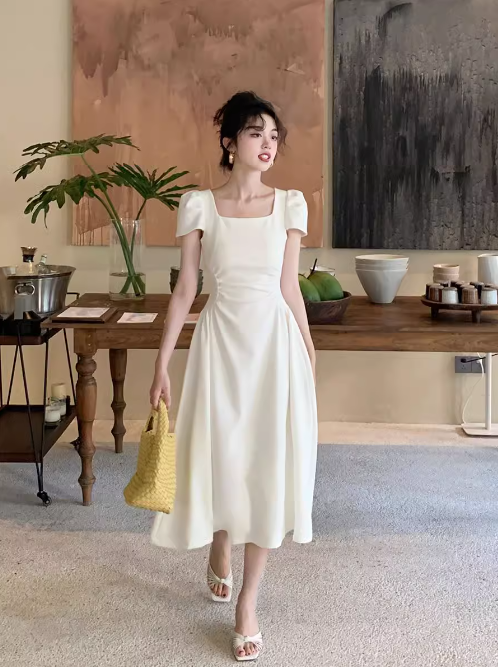 French retro elegant A-line square neck puff sleeve dress ED0421