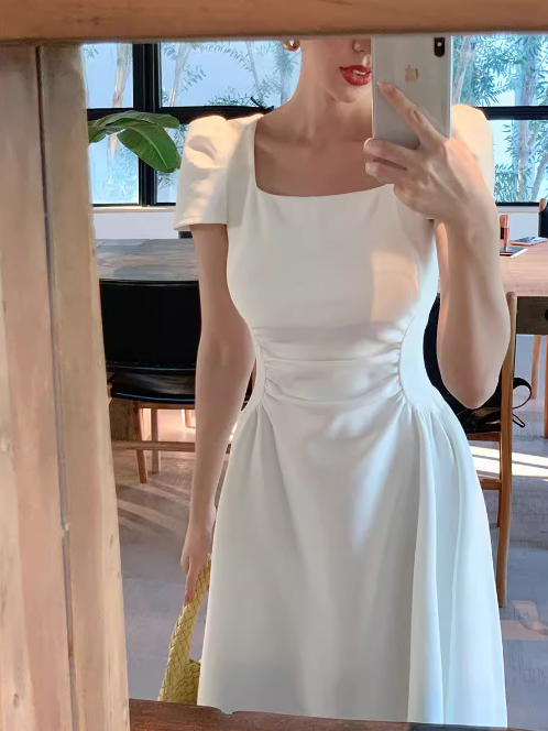 French retro elegant A-line square neck puff sleeve dress ED0421