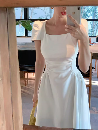 French retro elegant A-line square neck puff sleeve dress ED0421