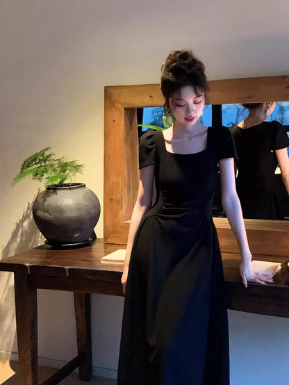 French retro elegant A-line square neck puff sleeve dress ED0421