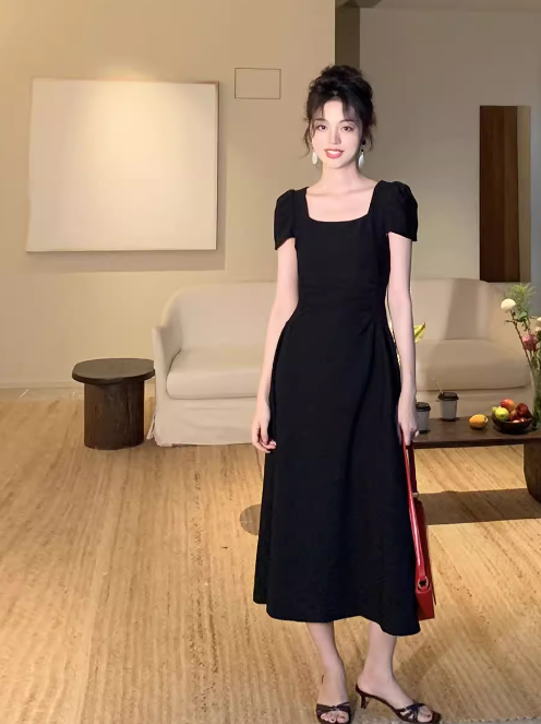 French retro elegant A-line square neck puff sleeve dress ED0421