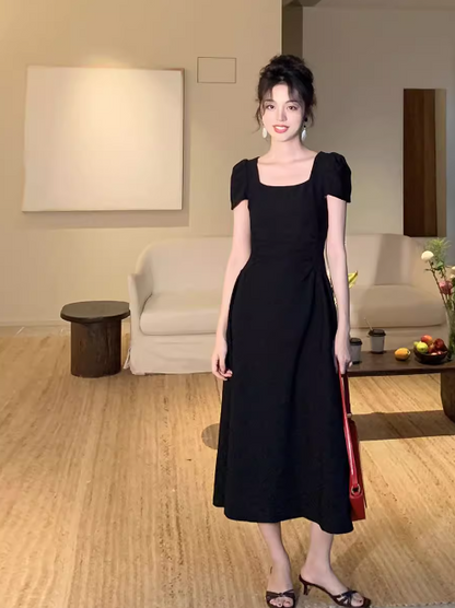 French retro elegant A-line square neck puff sleeve dress ED0421
