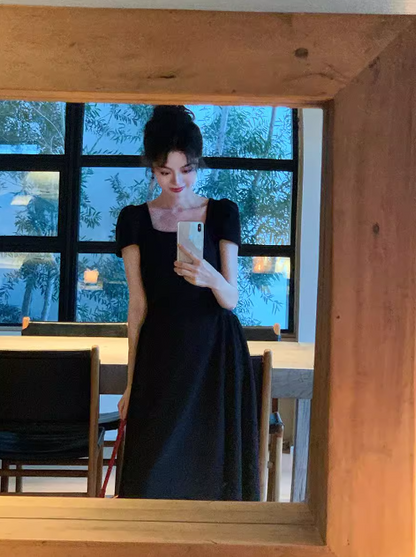 French retro elegant A-line square neck puff sleeve dress ED0421