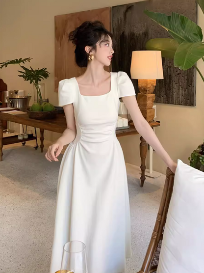 French retro elegant A-line square neck puff sleeve dress ED0421