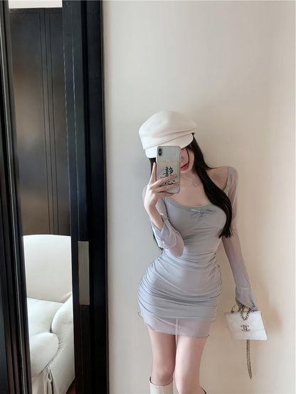 Gray blue sexy hot girl style mesh long sleeves U-neck off-shoulder hip skirt ED0422