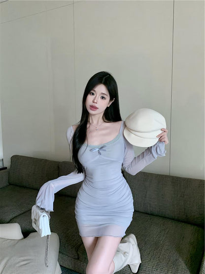 Gray blue sexy hot girl style mesh long sleeves U-neck off-shoulder hip skirt ED0422