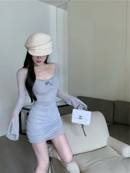 Gray blue sexy hot girl style mesh long sleeves U-neck off-shoulder hip skirt ED0422
