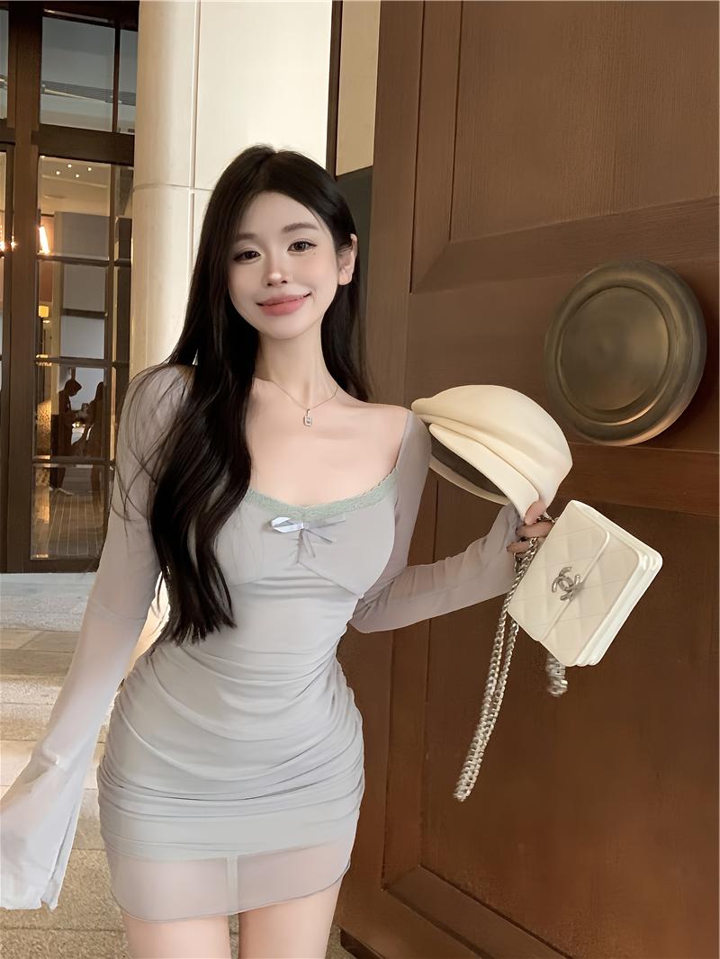 Gray blue sexy hot girl style mesh long sleeves U-neck off-shoulder hip skirt ED0422