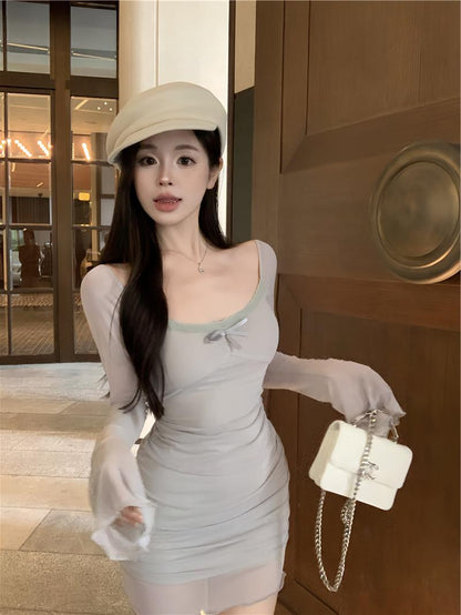 Gray blue sexy hot girl style mesh long sleeves U-neck off-shoulder hip skirt ED0422