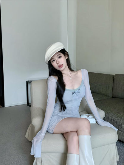 Gray blue sexy hot girl style mesh long sleeves U-neck off-shoulder hip skirt ED0422