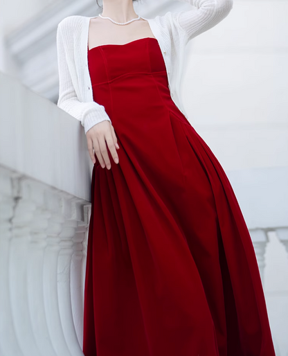 Hong Kong style retro red velvet suspender dress ED0423