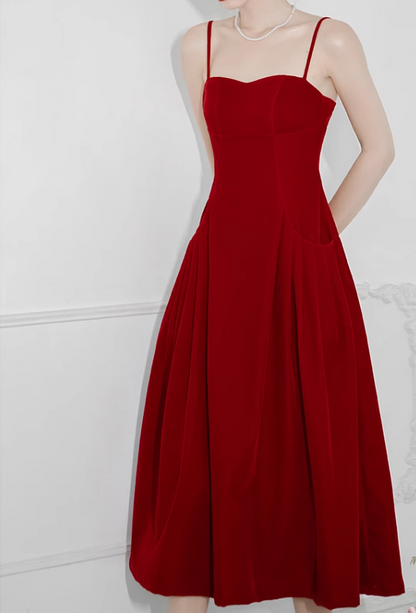 Hong Kong style retro red velvet suspender dress ED0423
