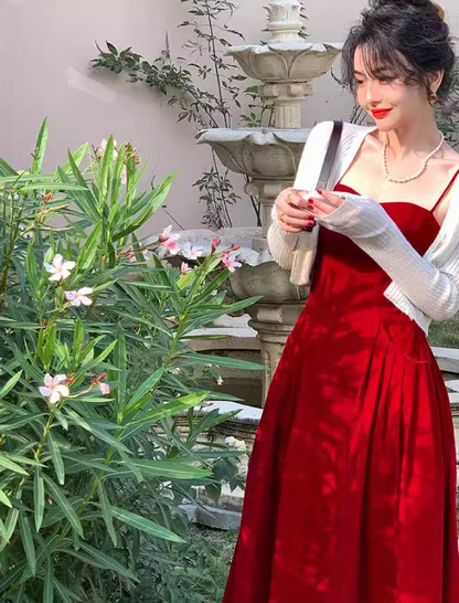 Hong Kong style retro red velvet suspender dress ED0423