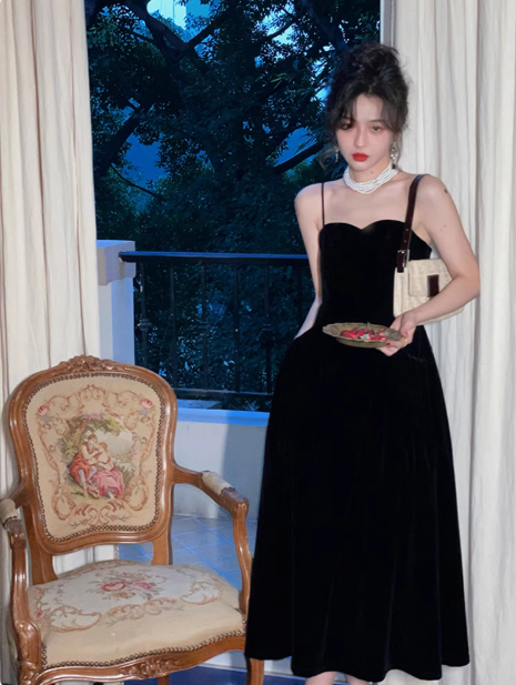 Hong Kong style retro red velvet suspender dress ED0423