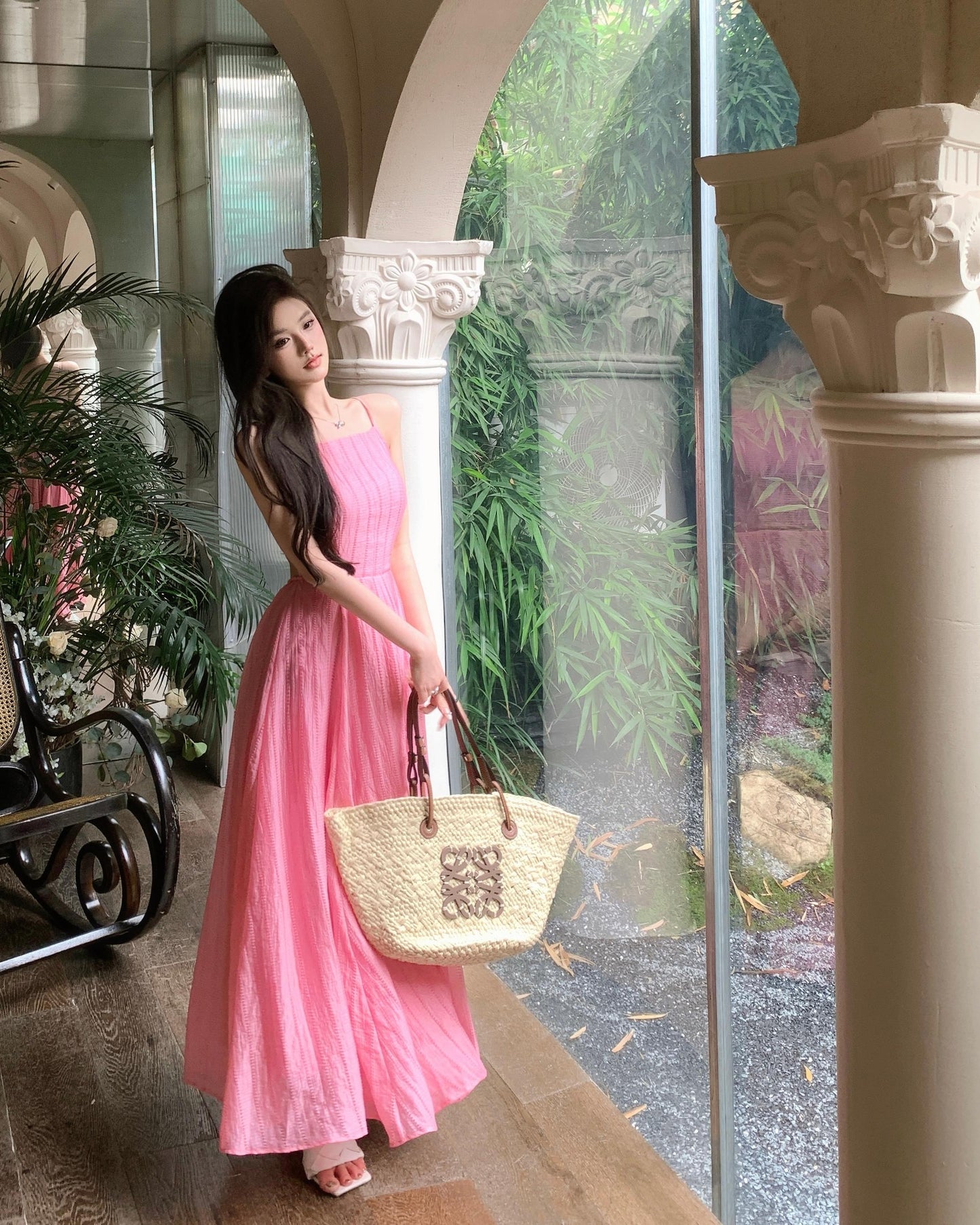 Beach holiday style a-line pink sleeveless backless suspender dress ED0424