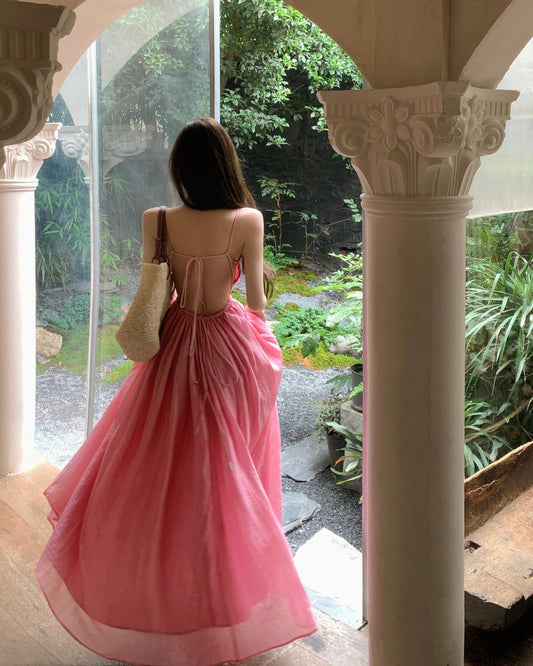 Beach holiday style a-line pink sleeveless backless suspender dress ED0424