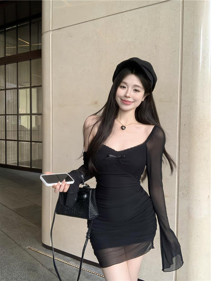 Black sexy hot girl style mesh long sleeves U-neck off-shoulder hip skirt ED0425