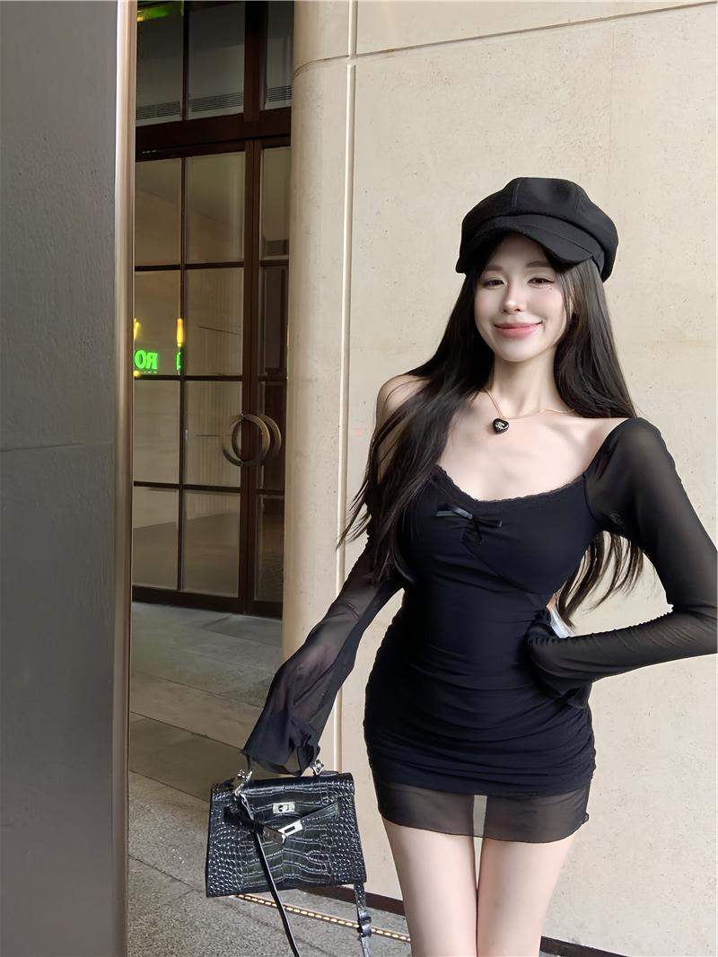 Black sexy hot girl style mesh long sleeves U-neck off-shoulder hip skirt ED0425