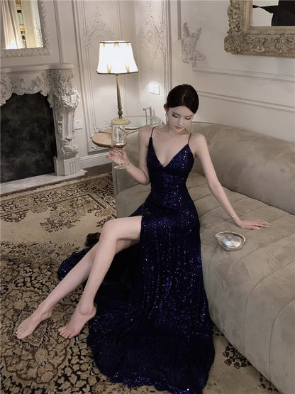 Navy Blue Spaghetti Strap A-Line  V-Neck Sequined Long Prom Dress, Adult Ceremony Graduation Evening dress ED0426