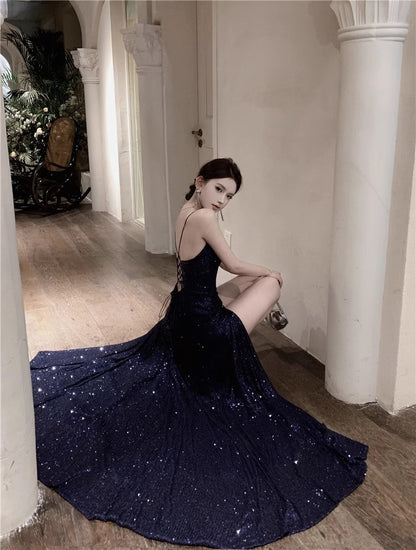 Navy Blue Spaghetti Strap A-Line  V-Neck Sequined Long Prom Dress, Adult Ceremony Graduation Evening dress ED0426