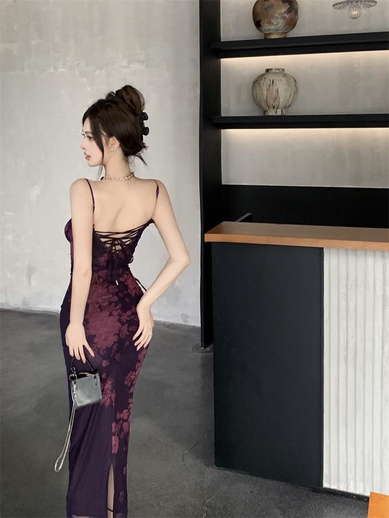 Purple backless printed lace suspender hip skirt ED0427