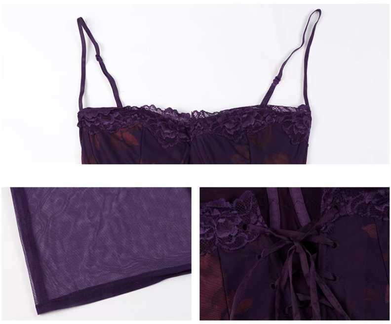 Purple backless printed lace suspender hip skirt ED0427