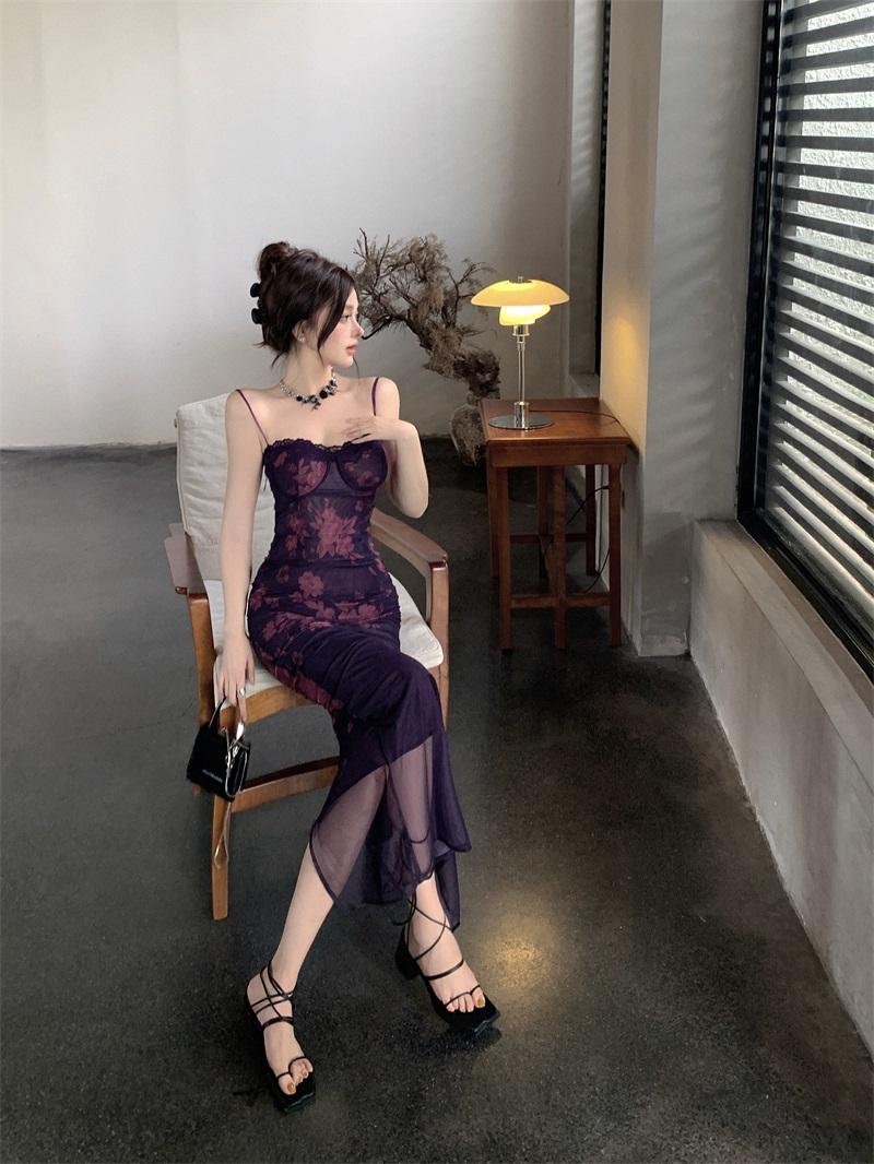 Purple backless printed lace suspender hip skirt ED0427