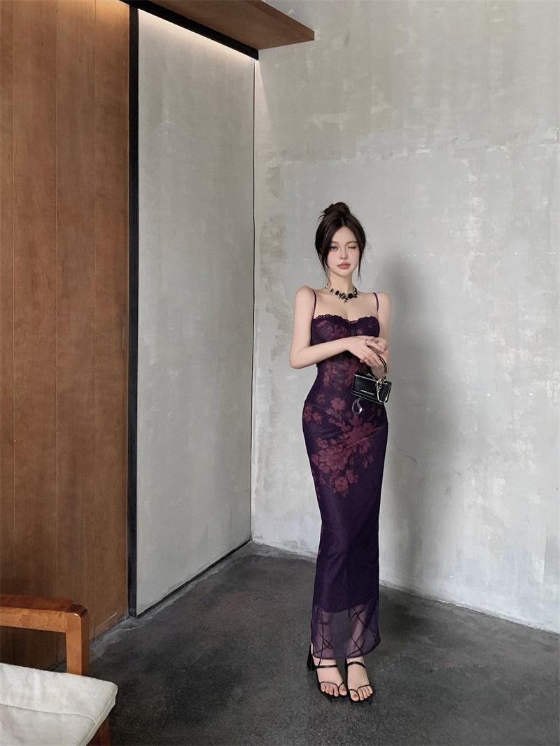 Purple backless printed lace suspender hip skirt ED0427