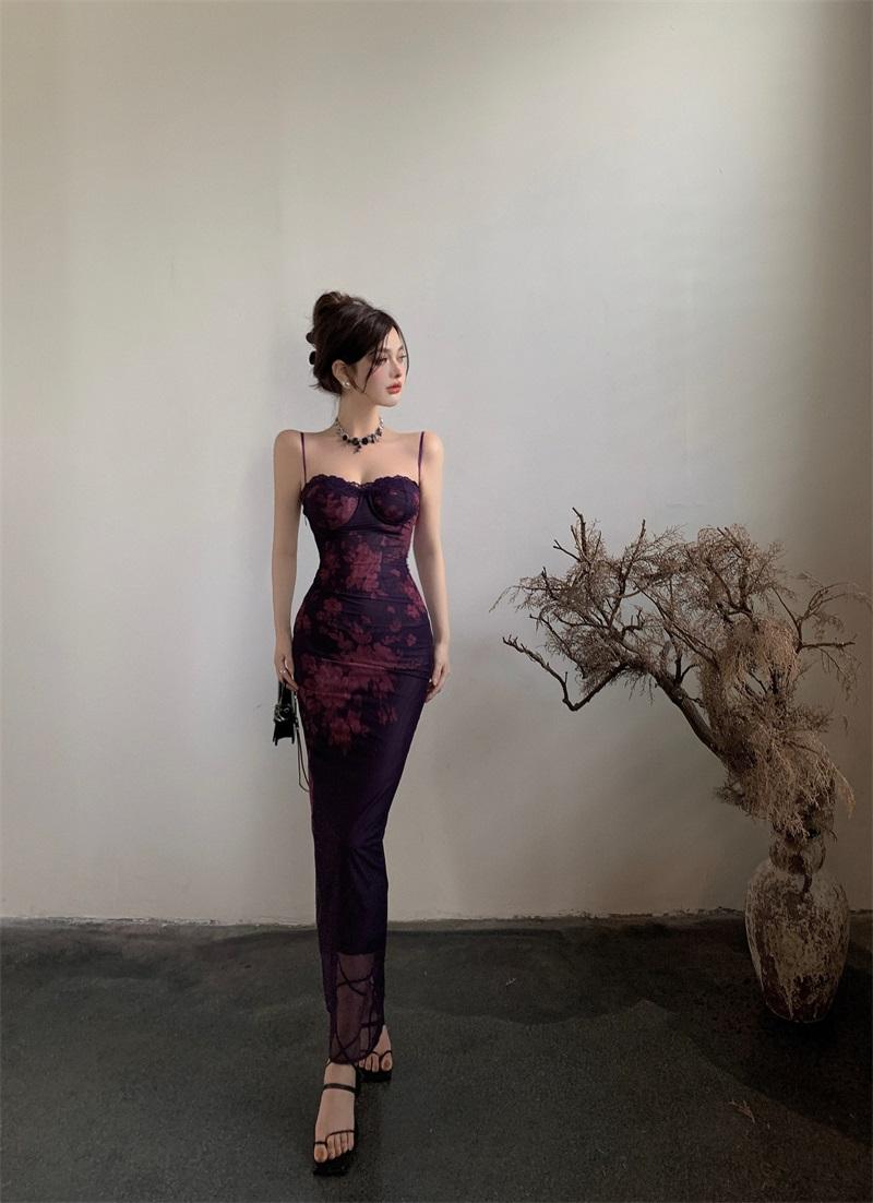 Purple backless printed lace suspender hip skirt ED0427