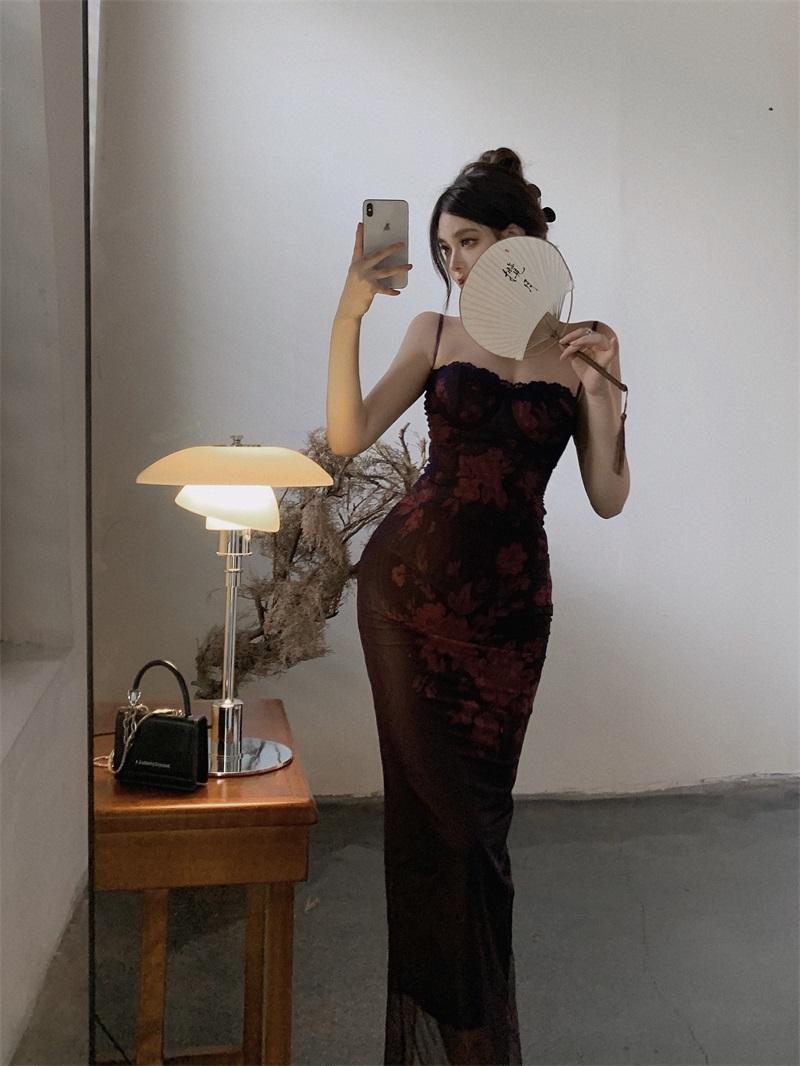 Purple backless printed lace suspender hip skirt ED0427