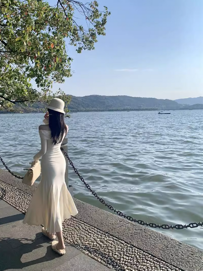 French style one-shoulder white long-sleeved knitted fishtail dress ED0428