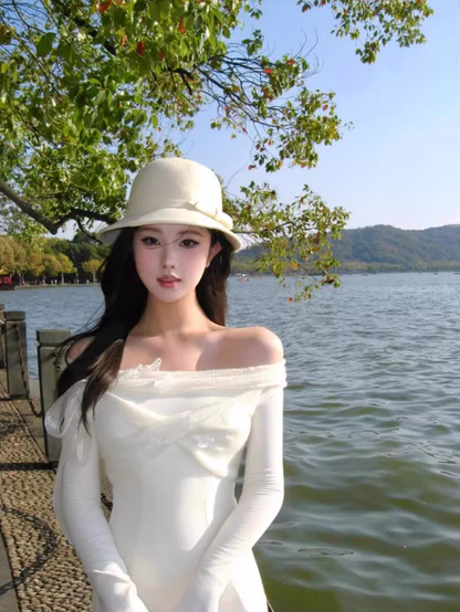 French style one-shoulder white long-sleeved knitted fishtail dress ED0428