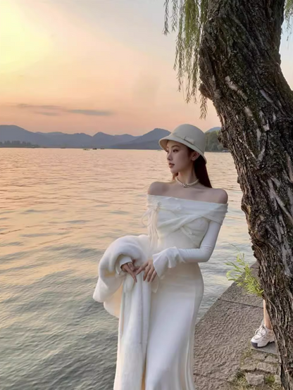 French style one-shoulder white long-sleeved knitted fishtail dress ED0428