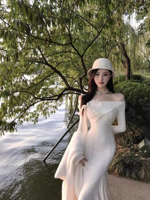 French style one-shoulder white long-sleeved knitted fishtail dress ED0428