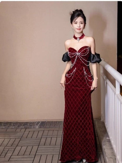 Mermaid Sweetheart Neck Velvet Beads Long Prom Dress Burgundy  Wedding Dress Pretty Birthday Dress ED043