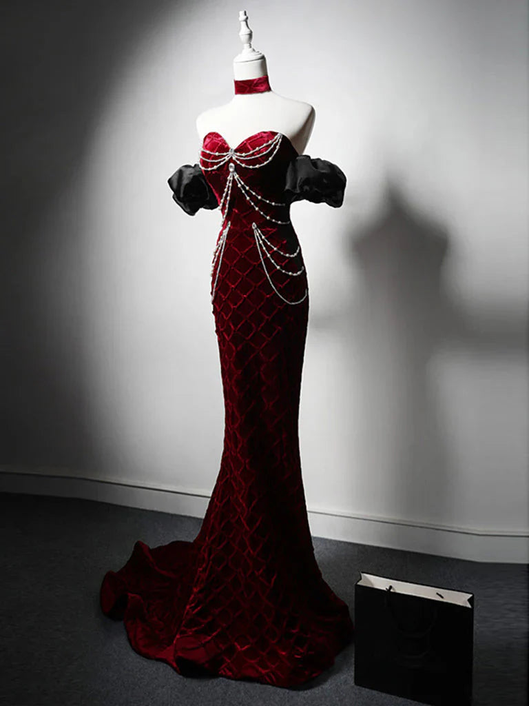 Mermaid Sweetheart Neck Velvet Beads Long Prom Dress Burgundy  Wedding Dress Pretty Birthday Dress ED043