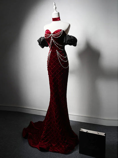 Mermaid Sweetheart Neck Velvet Beads Long Prom Dress Burgundy  Wedding Dress Pretty Birthday Dress ED043