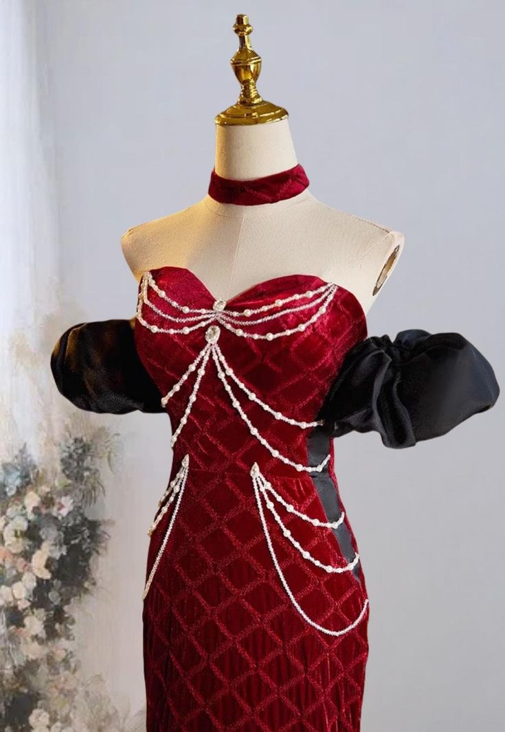 Mermaid Sweetheart Neck Velvet Beads Long Prom Dress Burgundy  Wedding Dress Pretty Birthday Dress ED043