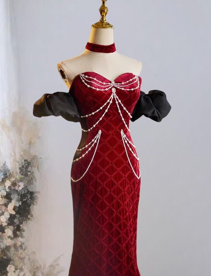 Mermaid Sweetheart Neck Velvet Beads Long Prom Dress Burgundy  Wedding Dress Pretty Birthday Dress ED043