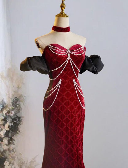 Mermaid Sweetheart Neck Velvet Beads Long Prom Dress Burgundy  Wedding Dress Pretty Birthday Dress ED043