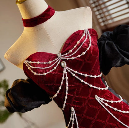 Mermaid Sweetheart Neck Velvet Beads Long Prom Dress Burgundy  Wedding Dress Pretty Birthday Dress ED043