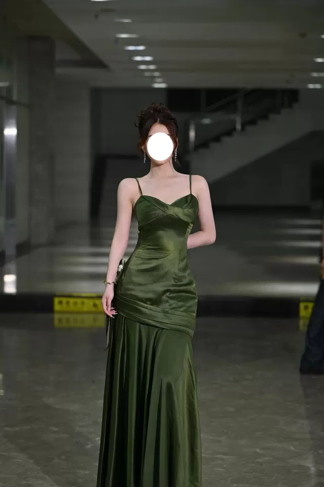 French Backless Green Satin Slip Dress ED0430