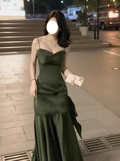 French Backless Green Satin Slip Dress ED0430