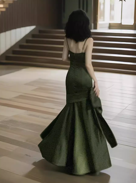 French Backless Green Satin Slip Dress ED0430