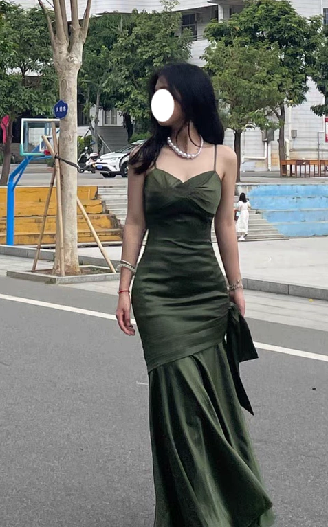 French Backless Green Satin Slip Dress ED0430