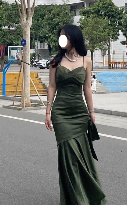 French Backless Green Satin Slip Dress ED0430
