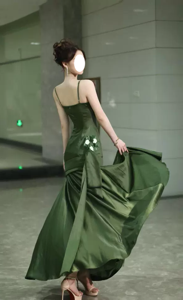 French Backless Green Satin Slip Dress ED0430